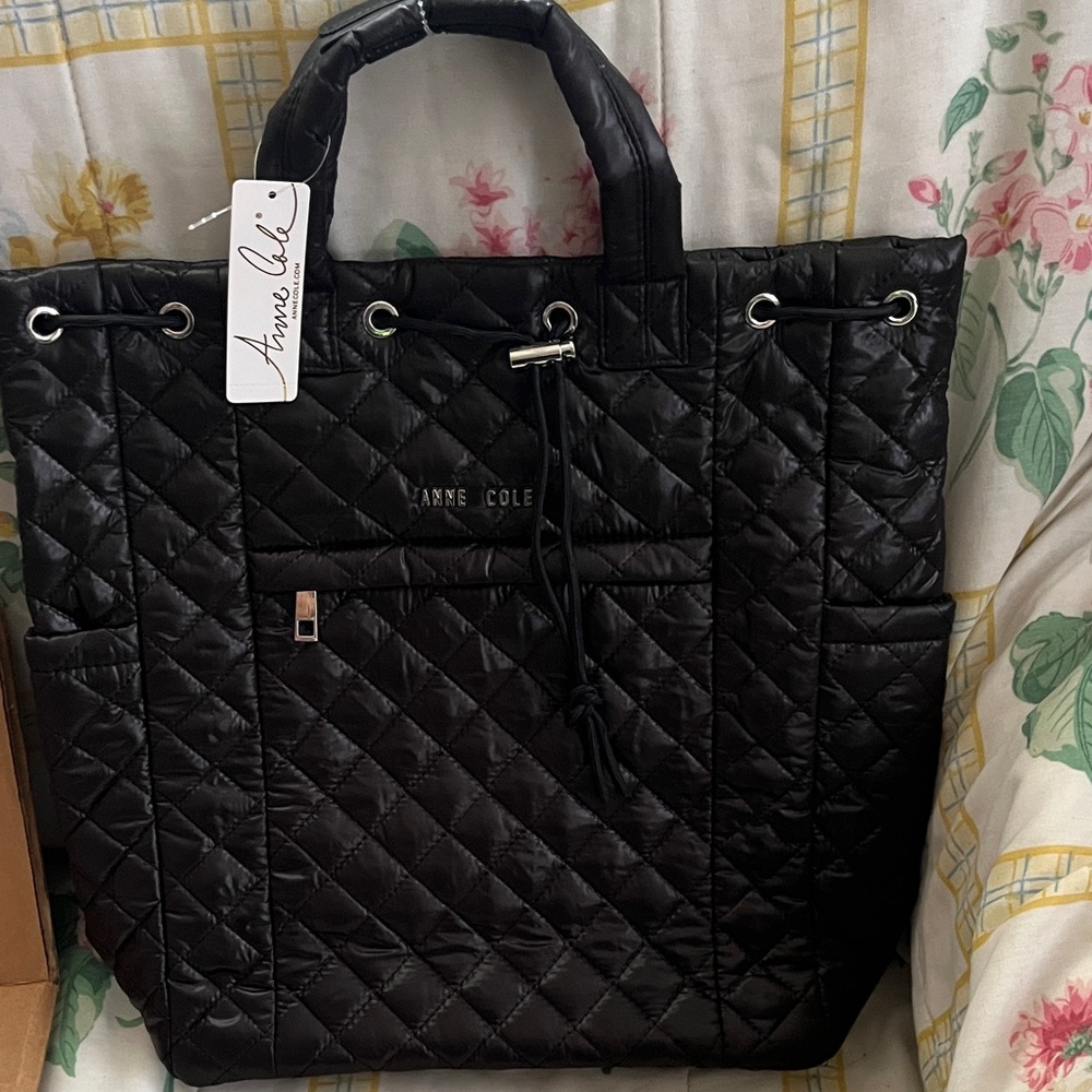 Anne Cole Quilted Black Tote with Drawstring Detail